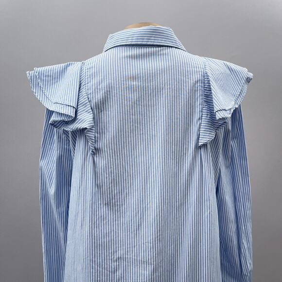 Paul & Joe Sister Dress Women M/L Blue Striped Shirt Trapeze Ruffle Preppy READ - Picture 5 of 9